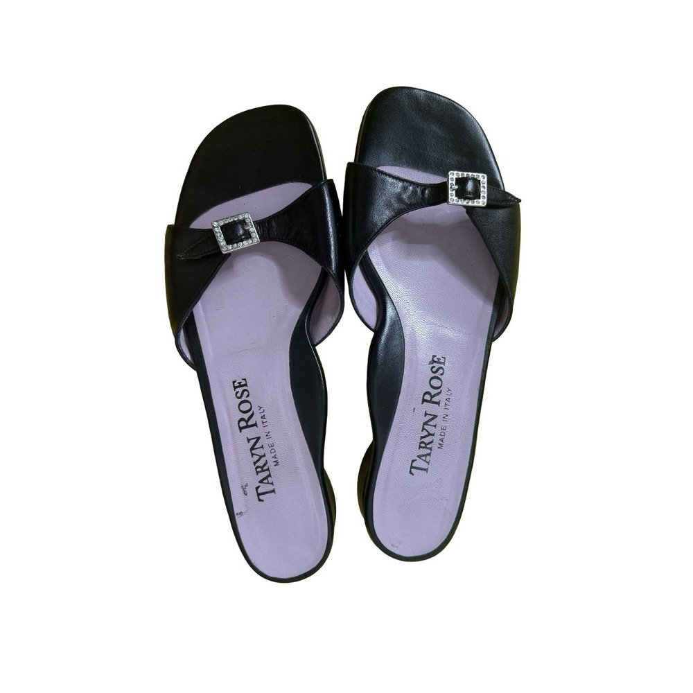 Taryn Rose Mirci Leather Buckle Slip on Sandals Shoes 39 8.5 Bling‎ black